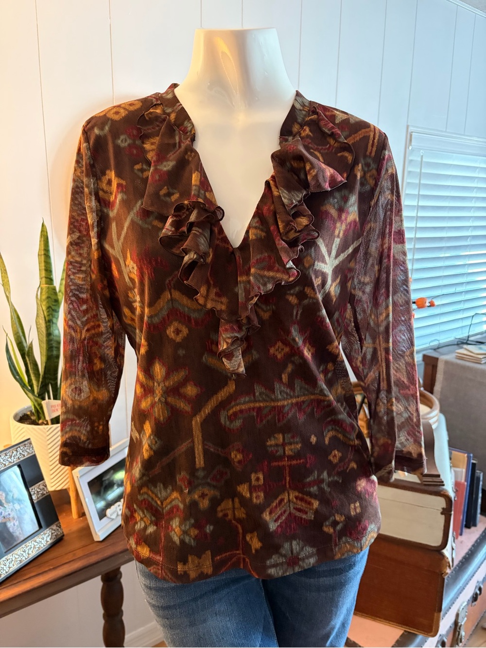 Chaps  Brown Ruffle V-Neck Printed Blouse